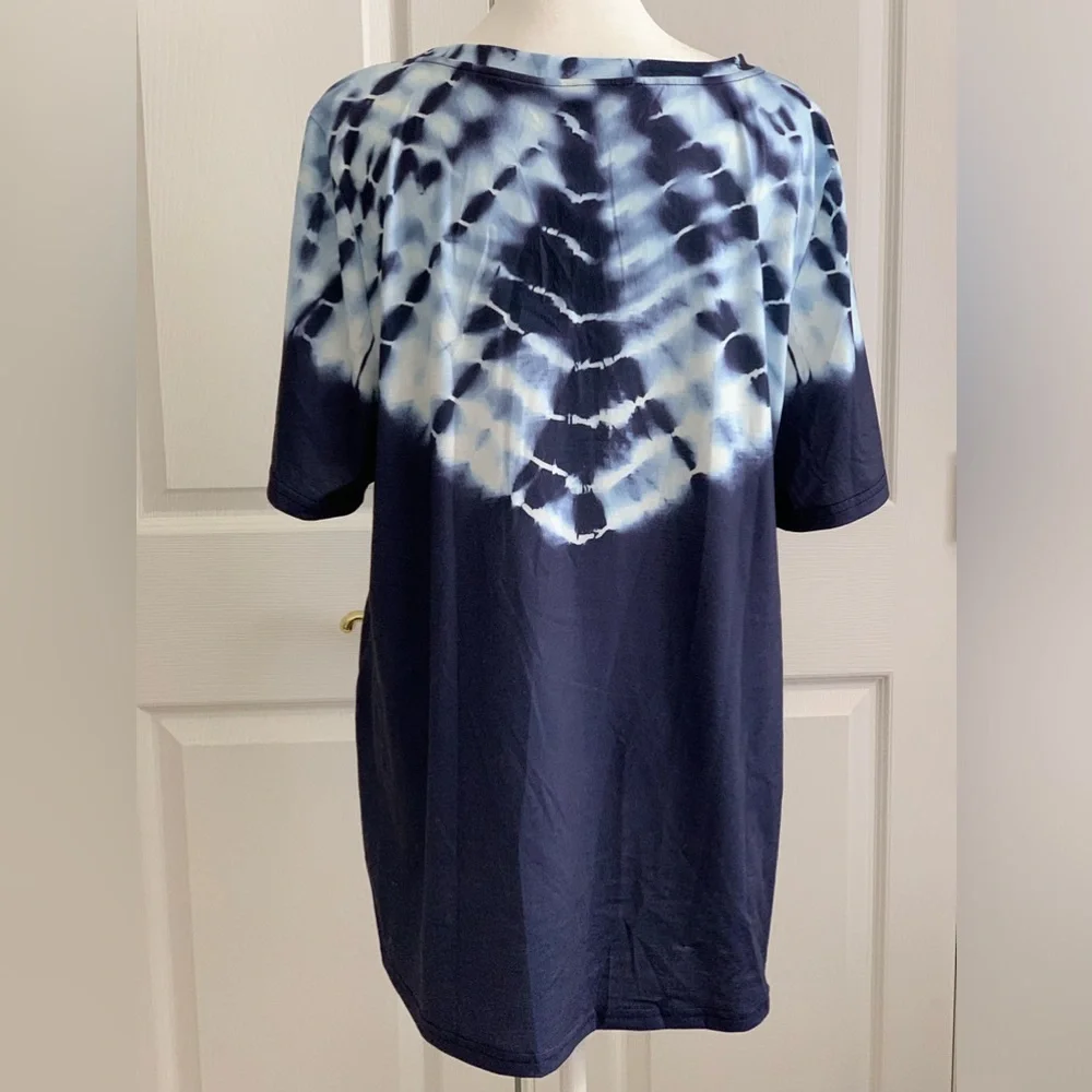 BLOOMCHIC Women’s Navy Blue White Tie-dye Short Sleeve T-shirt Tee Shirt